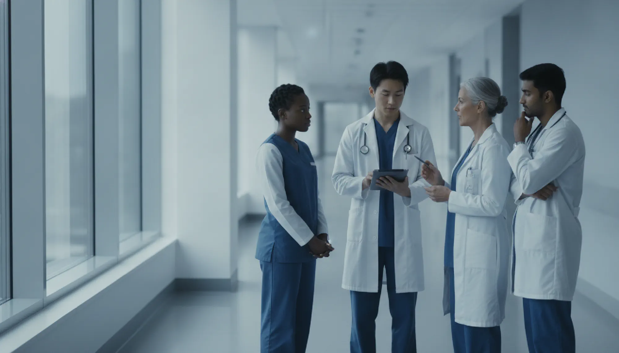 An attending physician teaching a group of residents during hospital rounds