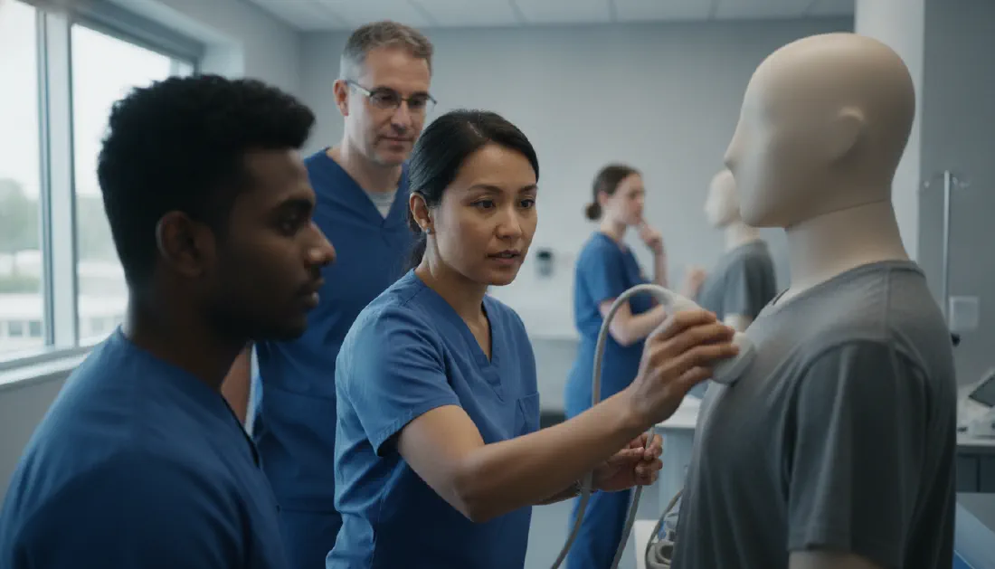 Residents practising ultrasound technique in a clinical skills lab