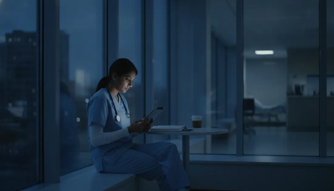 A resident studying on a tablet during a quiet moment on shift