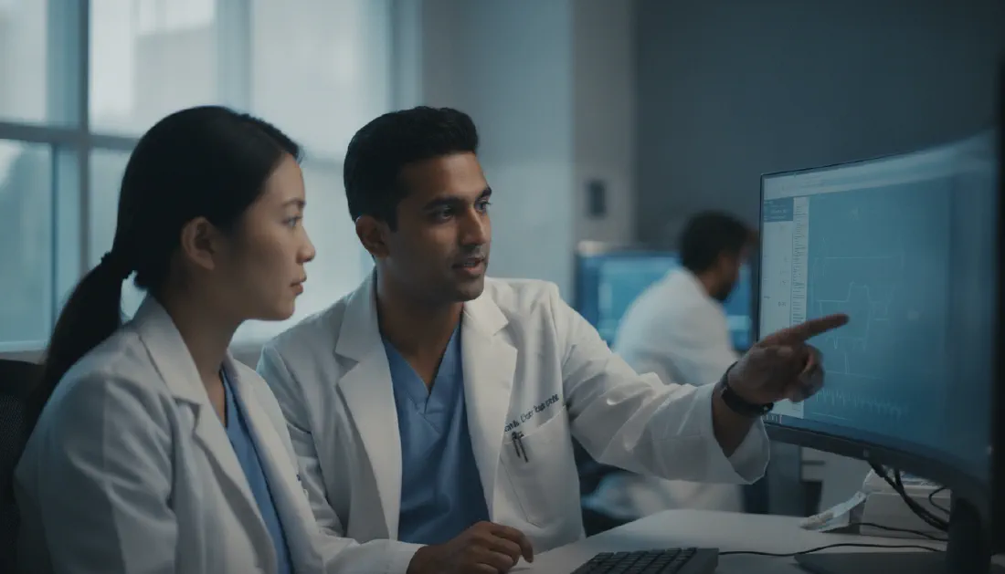 A resident and attending reviewing case material together at a workstation
